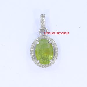 Natural Peridot & pave diamond Pendant, 925 starling silver 18k white gold platting handmade finish diamond peridot pendant Necklace,