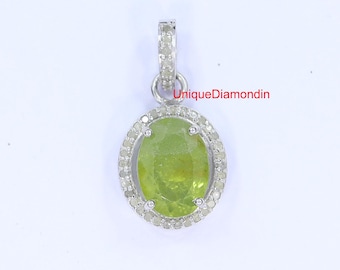 Handmade Peridot Pendant, Pave Diamond 925 Sterling Silver jewelry
