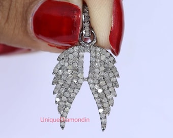 Colgante de alas de ángel con diamantes, plata de ley con acabado oxidado