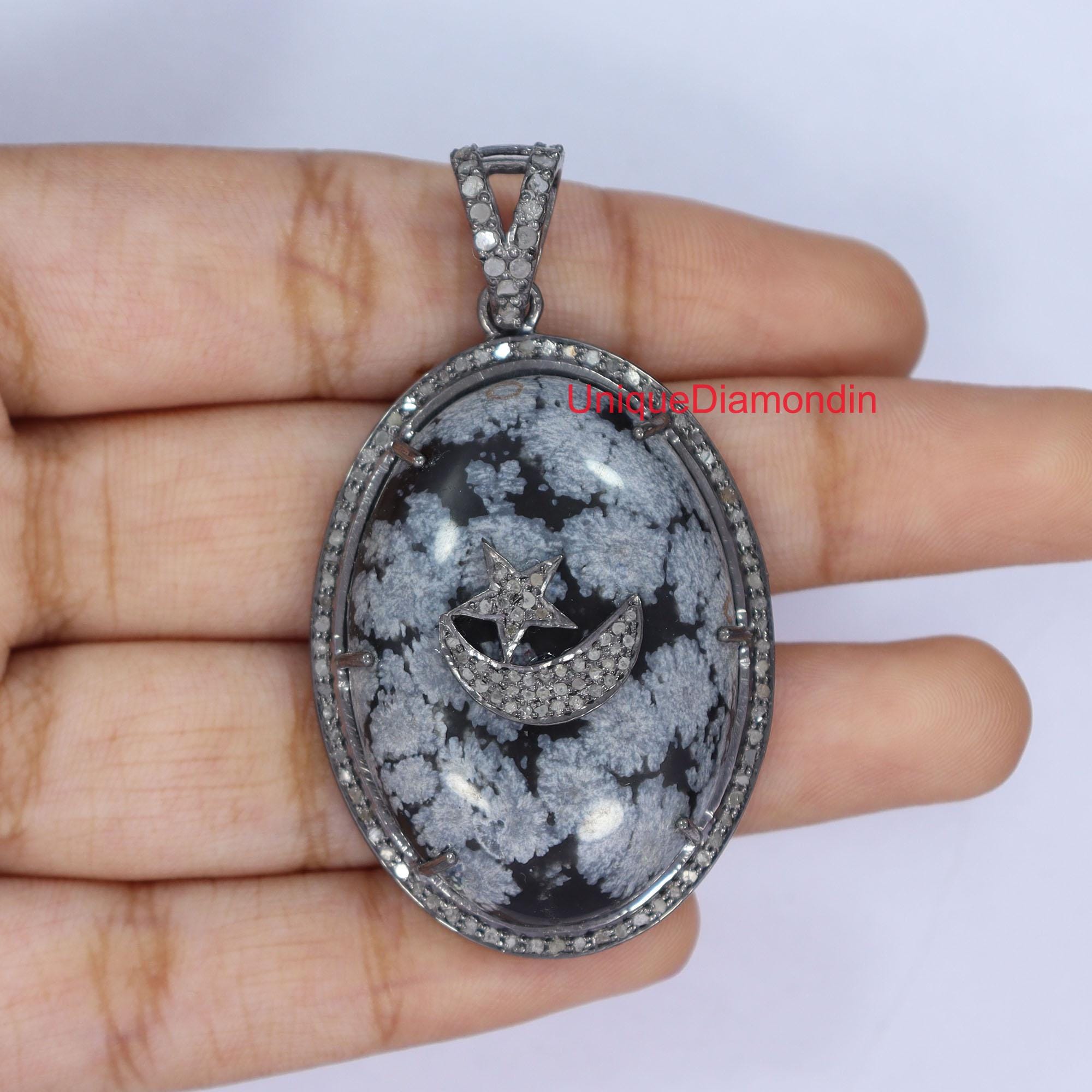 Snow Obsidian Star Moon Pendant, Pave Diamond, Oxidized Sterling 