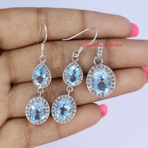 Natürliche Blautopas Natürliche Diamant Schmuck-Set , 925 Starling Silber 18K Weißgold Plattierung Anhänger Ohrringe Set , Hochzeit Schmuck-Set,