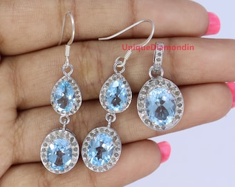 Blue Topaz Diamond Jewelry Set, Sterling Silver Pendant Earrings