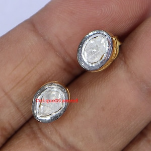 Natural Polki diamond studs Earrings, Pave Polki Sliver Victorian Stud, 925 Sterling Silver handmade finish Micron Gold platting Earrings
