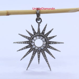 Very beautiful star shaped sunburst design charm pendant, Pave diamond pendant, 925 sterling silver pendant handmade diamond pendant,