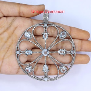 Natural aquamarine & natural diamond pendant, 925 starling silver 85 x 71 mm Large size handmade Full oxidized black platting Pendant,