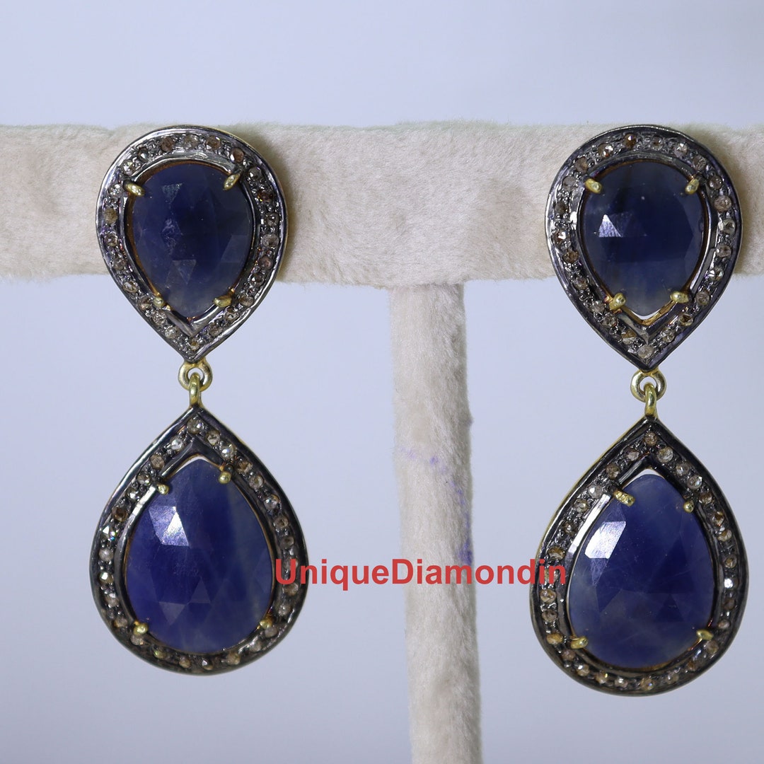 Boucles D'oreilles Pavé Saphirs Multicolores Et Diamants - Argent 925 - Fait Main Vintage - Inde