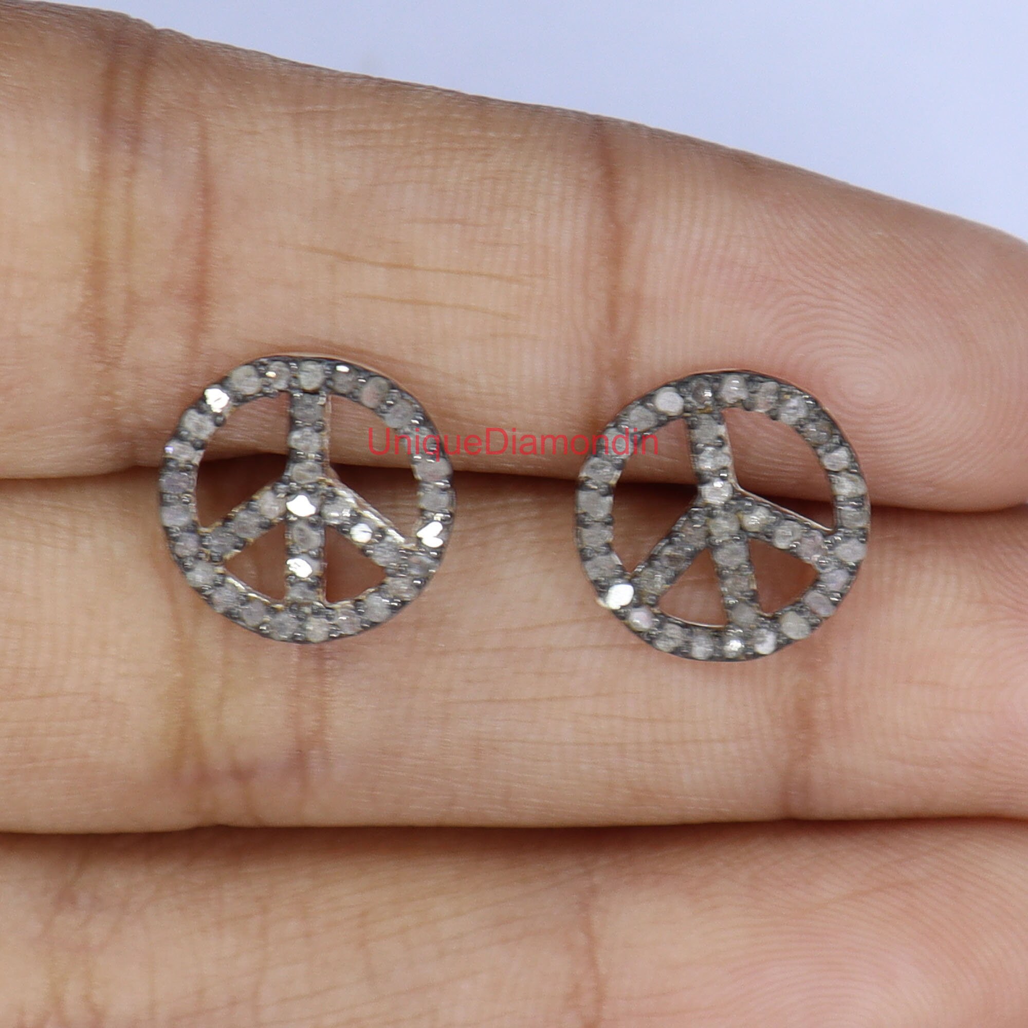 Earring Signs Peace Sign Diamond Studs, Handmade Sterling Silver Earrings - Etsy