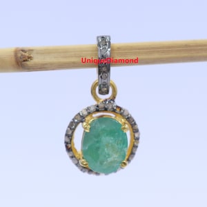 Natural Emerald Pendant, Natural diamond pendant, 925 sterling silver handmade finish diamond Emerald pendant, Gift item jewelry,
