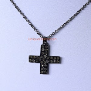 Natural Diamond Cross shape pendant Necklace 925 starling handmade silver black platting Cross charms necklace, silver chain with Adjustable