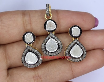 Natural Polki Diamond Pendant Earring Set, 925 Sterling Silver Jewelry