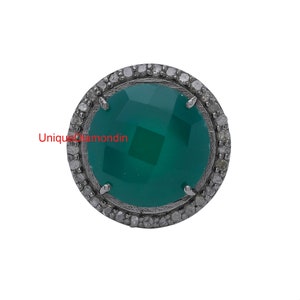 Natural Green onyx & natural Diamond Ring, pave diamond ring, 925 sterling silver handmade finish black platting diamond ring,