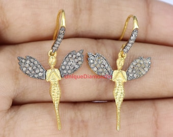 Natural Diamond Angel Wing Earrings, 925 Sterling Silver Handmade jewelry