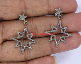 Orecchini a bottone con stella di diamanti, argento sterling ossidato, fatti a mano