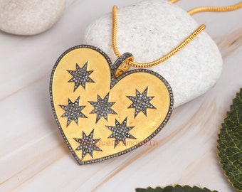 Sterling Silver Diamond Heart Pendant, Pave Setting Star Design Heart shape jewelry