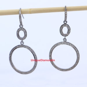 47 x 23mm Natural pave diamond Circle hoop earrings, 925 sterling silver handmade diamond earrings, diamond jewelry, Wedding earrings,