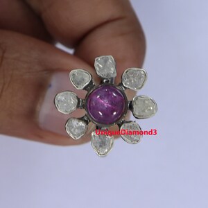 Adjustable Natural polki diamond & natural Ruby ring, 925 sterling silver handmade oxidized ring, anniversary gift jewelry, Engagement Ring,