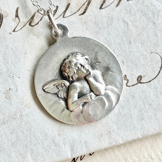 Antique Sterling Silver Cherub Angel Pendant - image 8