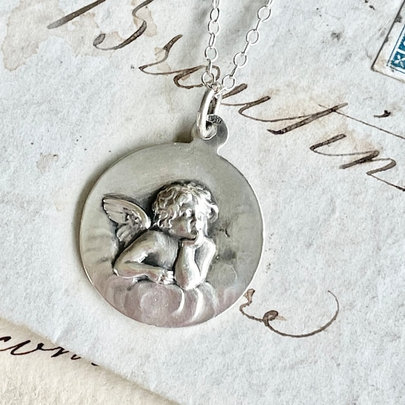 Antique Sterling Silver Cherub Angel Pendant - image 2