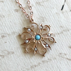 Antique Victorian 9K Gold Seed Pearl & Turquoise Starburst Pendant Necklace