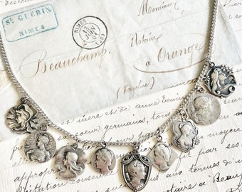 Antique Sterling Silver Art Nouveau Maiden Pendants Collection Necklace