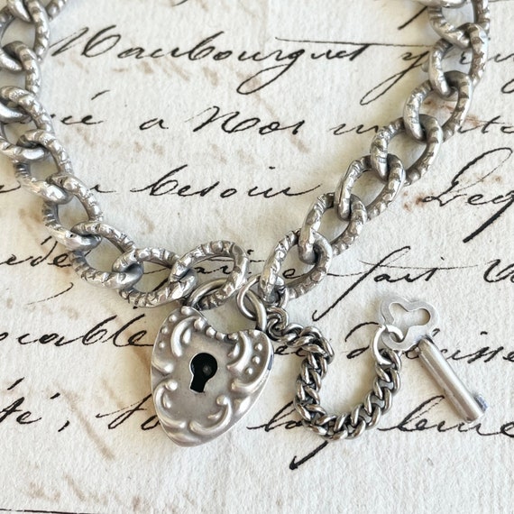 Antique Sterling Silver Heart Padlock Charm Brace… - image 5