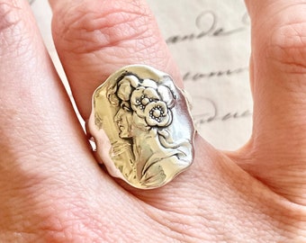 Antique Art Nouveau Sterling Silver Maiden Statement Ring
