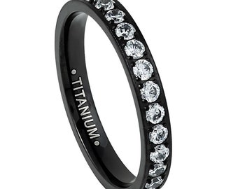 Titanio placcato IP nero Full Eternity White CZ - 3 mm, anelli in titanio per matrimonio e fidanzamento per la fede nuziale della sua donna