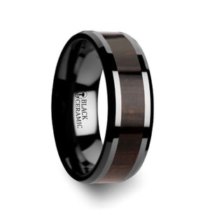 UMBRA Black Ebony Wood Inlaid Black Ceramic Ring with Beveled Edges - 8mm Men&#39;s Wedding Ring