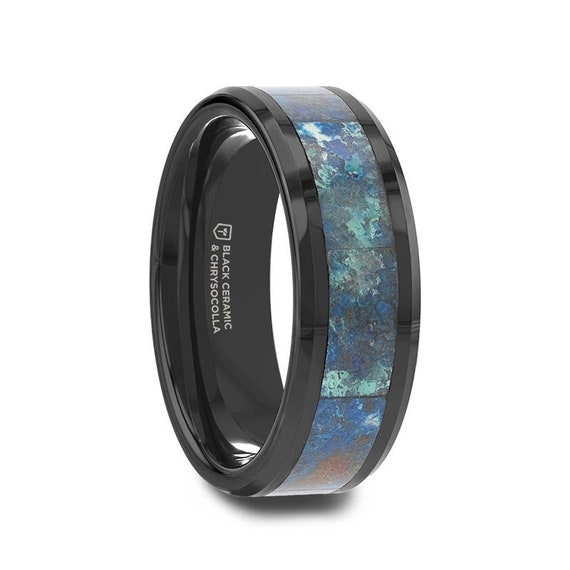 Thorsten CELADON Black Beveled Ceramic Wedding Band with Polished Chrysocolla Inlay - 8mm Thorsten CELADON Black Beveled Ceramic Wedding Band with Polished Chrysocolla Inlay - 8mm