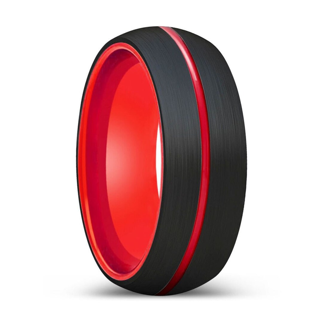 Black Tungsten Ring | Domed Red Groove Promise Band - Etsy