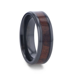 YOSEMITE Redwood inlaid Clear Polished Coated Titanium Men&#39;s Wedding Band With Polished Beveled Edges - 8mm Rings, Wedding Rings.