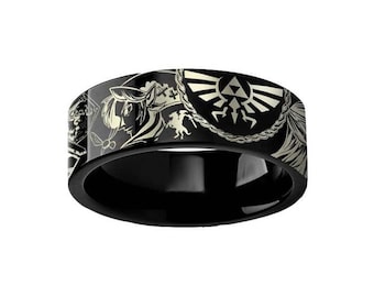 Engraved Zelda Mosaic Ocarina Links Master Sword & Shield Majora Black Tungsten Ring Flat Polished - 4mm - 12mm, Men Wedding Promise Rings