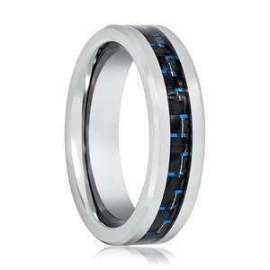 Alianza de boda de tungsteno plateada para hombre con incrustaciones de fibra de carbono negra y azul y bordes biselados - Anillo de 6 mm, alianza