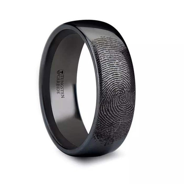 Fingerprint Engraved Domed Black Tungsten Ring Polished - 4mm - 12mm, Men's Wedding Band, Promise Rings. Men's Wedding Ring