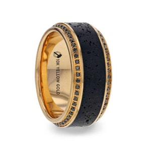 HYPERION Lava Inlaid 10K Yellow Gold Wedding Ring Polished Beveled Edges Set with Round Black Diamonds - 10mm. Men's Wedding Ring