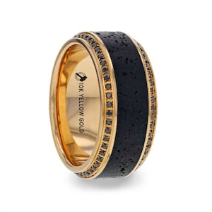 Thorsten HYPERIA Lava Inlaid 10K Rose Gold Wedding Ring Polished Beveled Edges Set with Round Black Diamonds - 10mm Thorsten HYPERIA Lava Inlaid 10K Rose Gold Wedding Ring Polished Beveled Edges Set with Round Black Diamonds - 10mm