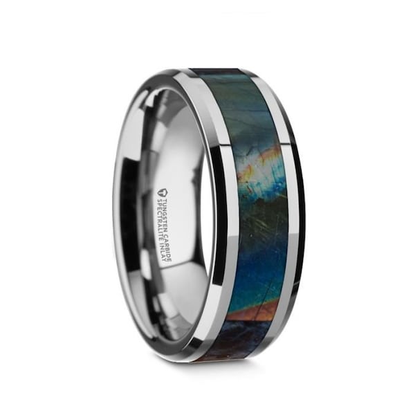 ESSENCE Beveled Tungsten Carbide Wedding Ring with Spectrolite Inlay Polished Finish - 8mm Wedding and Promise Rings Men's Wedding Ring