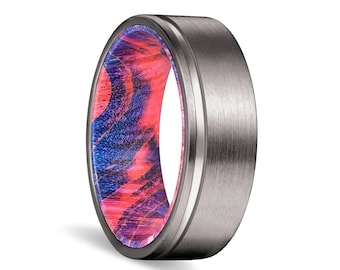 BRIDGES | Blue and Red Wood, Gunmetal Tungsten Offset Groove 8mm Tungsten Ring Wedding. Men's Wedding Ring