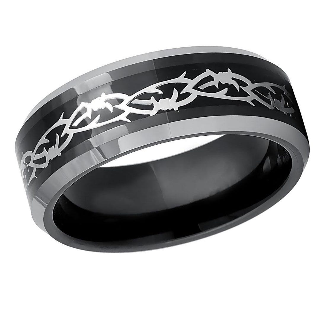 Black Tungsten Wedding Ring for Men, 8mm Barbed Wire Inlay Stainless ...