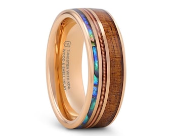 MOANA Smoked Rose Gold Tungsten Ring with Hawaiian Koa Wood Abalone & Guitar String - 8mm, Men Wedding and Promise Rings.