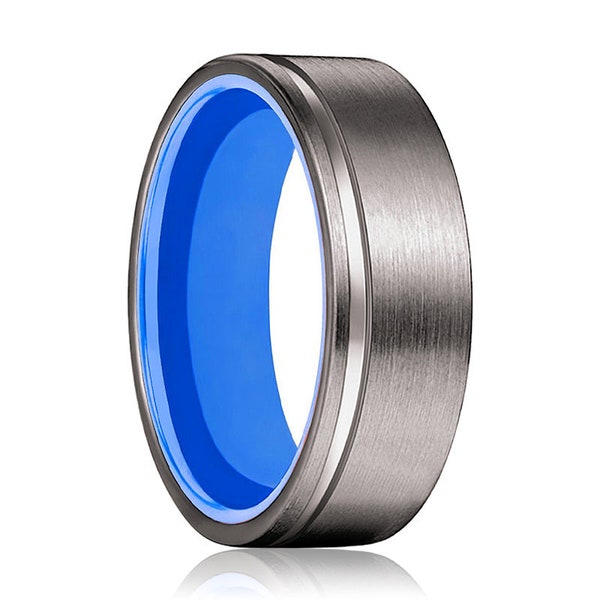 GENIE | Blue Ring, Gunmetal Tungsten Offset Groove, 6MM and 8MM Rings, Wedding Gift, Promising Gift