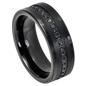 Black  Ring for Men with Center Groove of Inset Black Sapphires ,Anniversary Ring, 8MM Men's Tungsten, Engraved Ring, Men's Wedding Ring