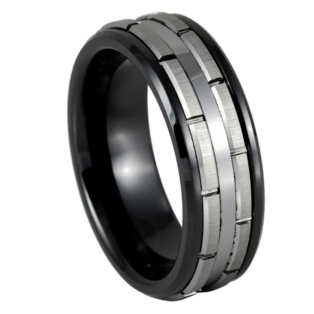 Two-tone Black and Silver Patterned – 8mm Tungsten Ring, Men's Tungsten ...