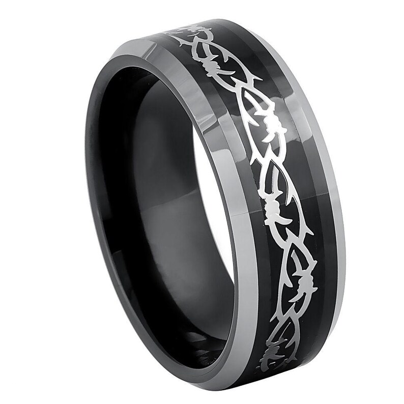 Black Tungsten Wedding Ring for Men, 8mm Barbed Wire Inlay Stainless ...