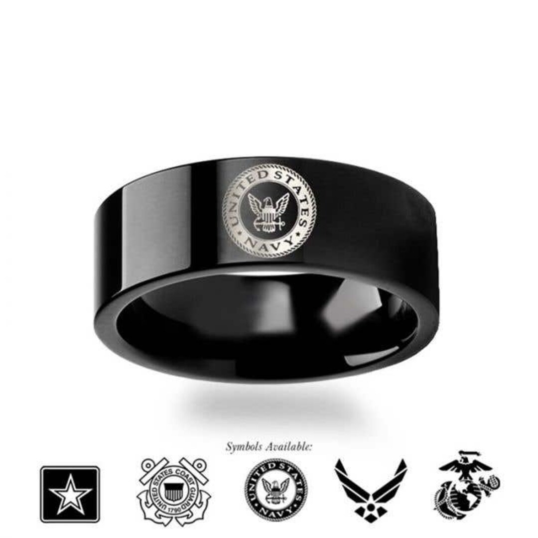 Military Rhinestone Logo Military Symbol Engraved Black Tungsten Ring – Polished Flat Band - Etsy