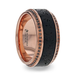 Thorsten HYPERIA Lava Inlaid 10K Rose Gold Wedding Ring Polished Beveled Edges Set with Round Black Diamonds - 10mm Thorsten HYPERIA Lava Inlaid 10K Rose Gold Wedding Ring Polished Beveled Edges Set with Round Black Diamonds - 10mm