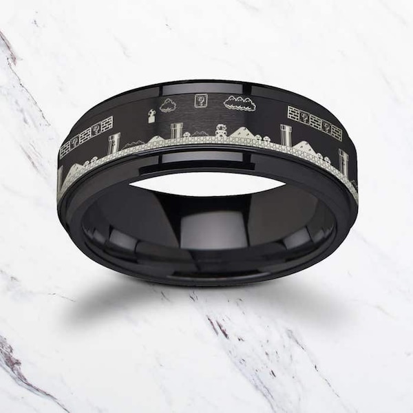 Engraved Super Mario Bros Tungsten Spinner Ring – Pixel Game Wedding Band