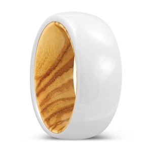 HARVEST | Olive Wood, White Ceramic Domed 8MM Rings, Anniversary Ring, Wedding Band
