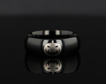 Spooky Evil Halloween Jack-O-Lantern Engraved Domed Black Tungsten Ring (Raven) - 4mm - 12mm, Men&#39;s Wedding Band, Promise Rings