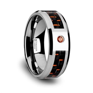 NOAH Tungsten Ring with Black and Orange Carbon Fiber and Orange Padparadscha Setting - 8mm, Men&#39;s Wedding Band, Promise Rings.